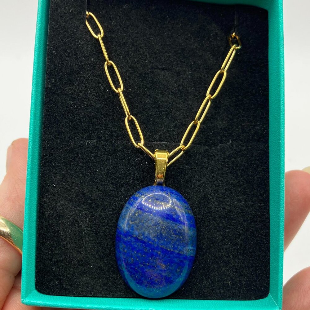 Lapis Lazuli OVAL Pendant + Golden Paperclip Stainless Chain NEW Gift Box